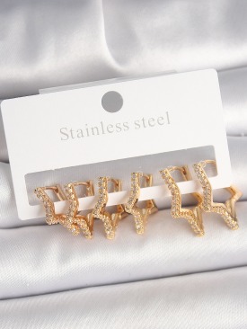 Erb Pirinç Gold Renk Zirkon Taşlı 3 Çift Yıldız Model Kadın Küpe