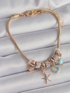 Erb 316L Çelik Gold Renk Zincir Sallantı Zirkon Taş Detaylı Deniz Yıldızı Model Charm Kadın Bileklik