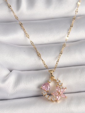 Erb 316L Çelik Gold Renk Zincir Pembe Zirkon Taşlı Çiçek Figür Kalp Detay Kadın Kolye