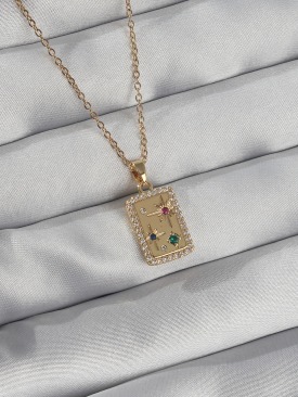 Erb 316L Çelik Zincir Gold Renk Renkli Zirkon Taşlı Vintage Kolye