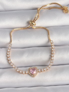 Erb Pirinç Gold Renk Su Yolu Zirkon Taşlı Pembe Zirkon Taşlı Kalp Asansör Model Charm Kadın Bileklik