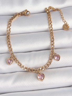 Erb 316L Çelik Gold Renk Zincir Sallantı Pembe Zirkon Taşlı Kalp Model Kadın Bileklik