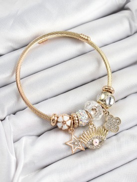 Erb 316L Çelik Beyaz Zirkon Taşlı Yıldız Göz Ve Yonca Model Gold Renk Charm Bileklik