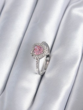 Erb Pirinç Gümüş Renk Pembe Zirkon Taş Kalp Charm Model Kadın Yüzük