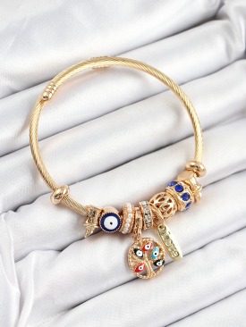 Erb 316L Çelik Lacivert Nazarlı Zirkon Taşlı İnci Detaylı Hayat Ağacı Model Gold Renk Charm Bileklik