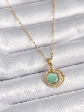 Erb 316L Çelik Gold Renk Yeşil Sedefli Zirkon Taşlı Hilal Model Kadın Kolye
