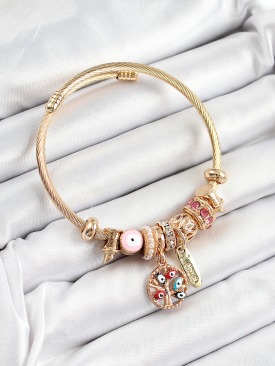 Erb 316L Çelik Pembe Nazarlı Zirkon Taşlı İnci Detaylı Hayat Ağacı Model Gold Renk Charm Bileklik