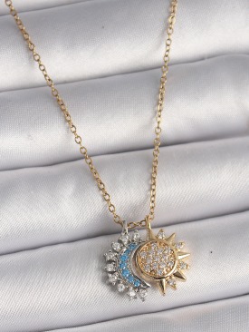 Erb 316L Çelik Gold Renk Zincir Zirkon Taşlı Ay Güneş Model Kadın Charm Kolye