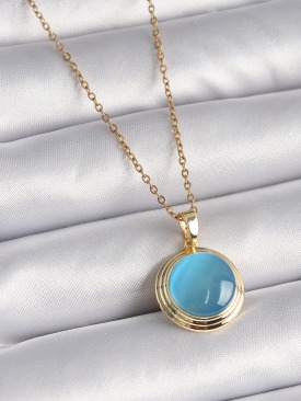 Erb 316L Çelik Gold Renk Mavi Sedefli Daire Model Kadın Kolye