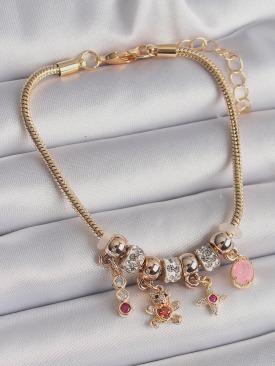 Erb 316L Çelik Gold Renk Zincir Sallantı Zirkon Taşlı Ayıcık Model Charm Kadın Bileklik