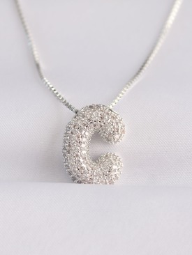Erb 316L Çelik Zincirli Zirkon Taşlı C Harfli Silver Renk Bubble Kolye