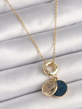 Erb 316L Çelik Gold Renk Zincir Zirkon Taşlı Kalp Model Mavi Simli Kadın Kolye