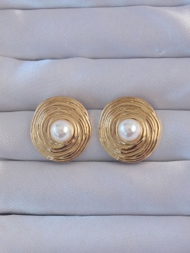 Erb 316L Çelik Gold Renk İnci Detay Oval Kıvrımlı Vintage Küpe