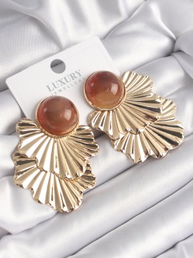 Erb Pirinç Gold Renk Kahverengi Boncuk Yaprak Model Vintage Kadın Küpe
