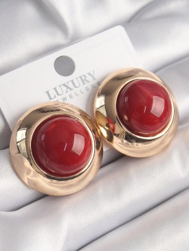 Erb Pirinç Gold Renk Kırmızı Doğal Taşlı Daire Vintage Kadın Küpe
