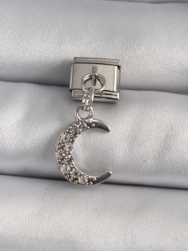 Erb 316L Çelik Gümüş Renk Sallantı Zirkon Taşlı Hilal Model Nomination Charm
