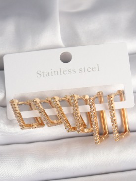 Erb Pirinç Gold Renk Zirkon Taşlı 3 Çift Kare Model Kadın Küpe