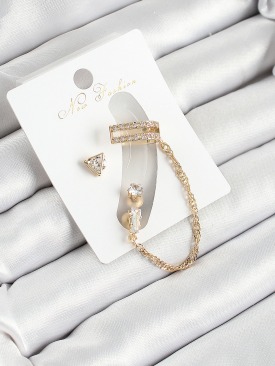 Erb Pirinç Üçgen Figürlü Zirkon Taşlı Gold Renk 3\'lü Kıkırdak Kadın Küpe Set