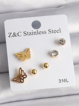 Erb 316L Çelik Gold Renk Zirkon Taşlı Kelebek Figür Kadın Küpe Seti