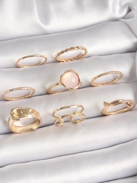 Erb Pirinç Gold Renk Pembe Mineli Kemer Model Kadın Yüzük Kombini