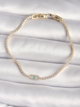 Erb Pirinç Gold Renk Su Yolu Zirkon Taşlı Mavi Taşlı Messika Model Kadın Bileklik