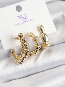 Erb Pirinç Zİrkon Taşlı Halka Model Gold Renk 3\'lü Kadın Küpe