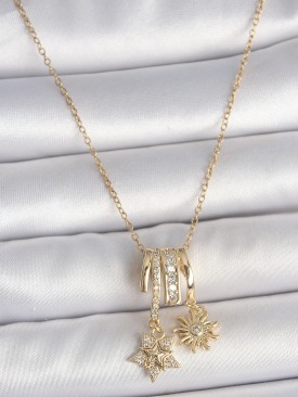 Erb 316L Çelik Gold Renk Sallantı Zirkon Taşlı Yıldız Güneş Figür Charm Kadın Kolye