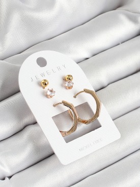 Erb Pirinç Zirkon Taş Ve Kemik Halka Figürlü Gold Renk 3\'lü Çift Kadın Küpe Set