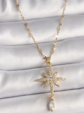Erb 316L Çelik Gold Renk Zincir Zirkon Taşlı Kuzey Yıldızı Sallantı Taş Detay Kadın Kolye