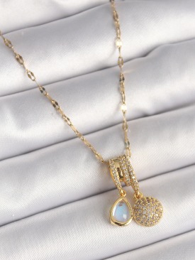 Erb 316L Çelik Gold Renk Zincir Zirkon Taşlı Sallantı Mavi Sedefli Damla Figür Kadın Kolye