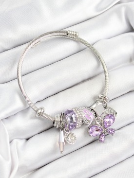 Erb 316L Çelik Mor Zirkon Taşlı Kelebek Model Gümüş Renk Charm Bileklik