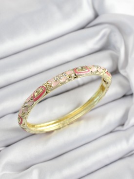 Erb Mineli Pirinç Zirkon Taşlı Pembe Çiçek Motifli Gold Renk Kadın Kelepçe