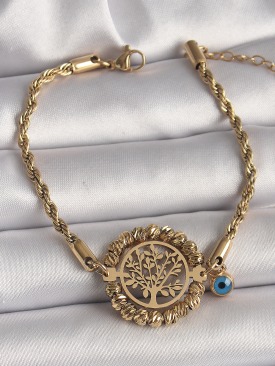 Erb 316L Çelik Gold Renk Burgu Zincir Model Dorika Yaşam Ağacı Figür Nazar Boncuk Detay Kadın Bileklik