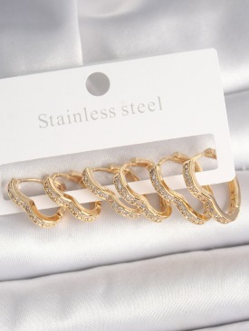 Erb Pirinç Gold Renk Zirkon Taşlı 3 Çift Kalp Model Kadın Küpe