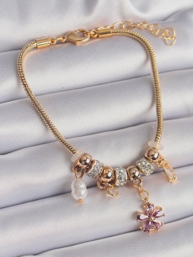 Erb 316L Çelik Gold Renk Zincir Sallantı Zirkon Taşlı Çiçek Model Charm Bileklik