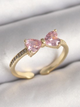 Erb Pirinç Gold Renk Pembe Zirkon Taşlı Kalp Fiyonk Model Kadın Yüzük