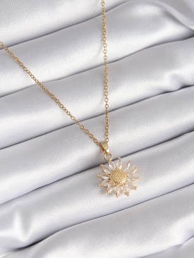 Erb 316L Çelik Gold Renk Zirkon Taşlı Papatya Model Kadın Kolye
