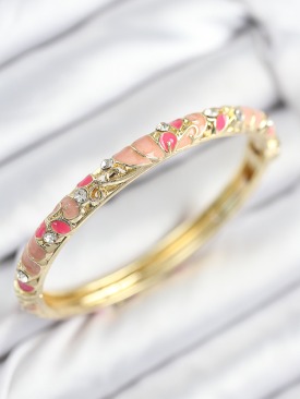 Erb Mineli Pirinç Zirkon Taşlı Pembe Çiçek Motifli Gold Kadın Kelepçe
