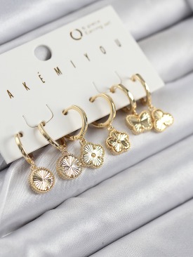 Erb Pirinç Zirkon Taşlı Yonca Model Gold Renk 6\'lı Küpe Set