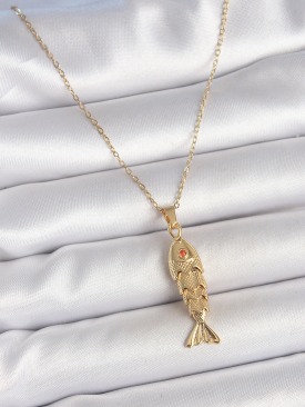 Erb 316L Çelik Zincir Gold Renk Zirkon Taşlı Balık Figürlü Kolye
