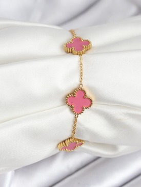 Erb 316L Çelik Gold Zincir Pembe Yonca Renk Bileklik
