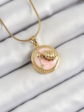 Erb 316L Çelik Zincir Pembe Mineli Sanatsal Portre İstiridye Model Gold Renk Kadın Kolye