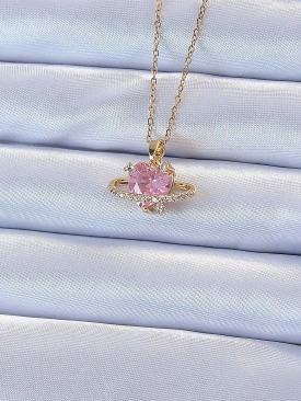 Erb 316L Çelik Zincir Altın Renk Pembe Zirkon Taşlı Satürn Görünümlü Kalp Kolye