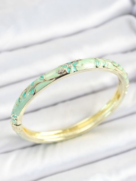 Erb Mineli Pirinç Zirkon Taşlı Su Yeşili Çiçek Desenli Gold Renk Kadın Kelepçe