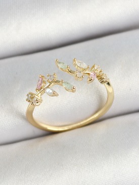 Erb Pirinç Yaprak Figürlü Zirkon Taşlı Gold Renk Ayarlanabilir Kadın Yüzük