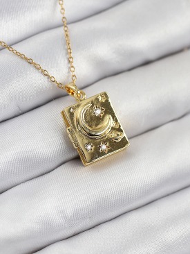 Erb 316L Çelik Zirkon Taşlı Açılabilr Kapaklı Kitap Model Gold Renk Kadın Kolye