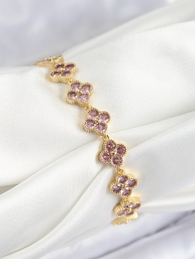 Erb Pirinç Pembe Zirkon Taşlı Yonca Model Gold Renk VIP Seri Kadın Bileklik