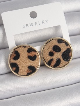 Erb Pirinç Gold Renk Daire Plaka Model Leopar Desenli Kadın Küpe