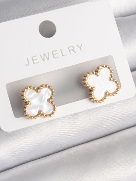 Erb 316L Çelik Gold Renk Beyaz Minelik Yonca Model Kadın Küpe