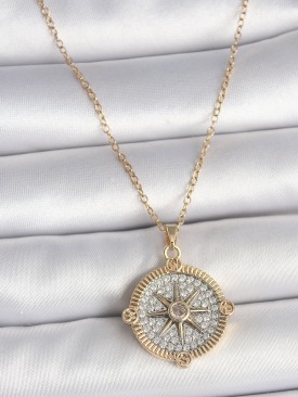Erb 316L Çelik Gold Renk Zirkon Taşlı Pusula Model Kadın Kolye